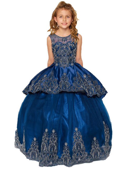 Little Girls Navy Metallic Coiled Embroidered Stone Flower Girl Dress 2-6 - SophiasStyle.com